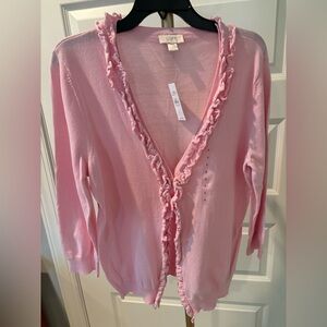 LOFT Pink Ruffle Trim Cardigan Sweater
